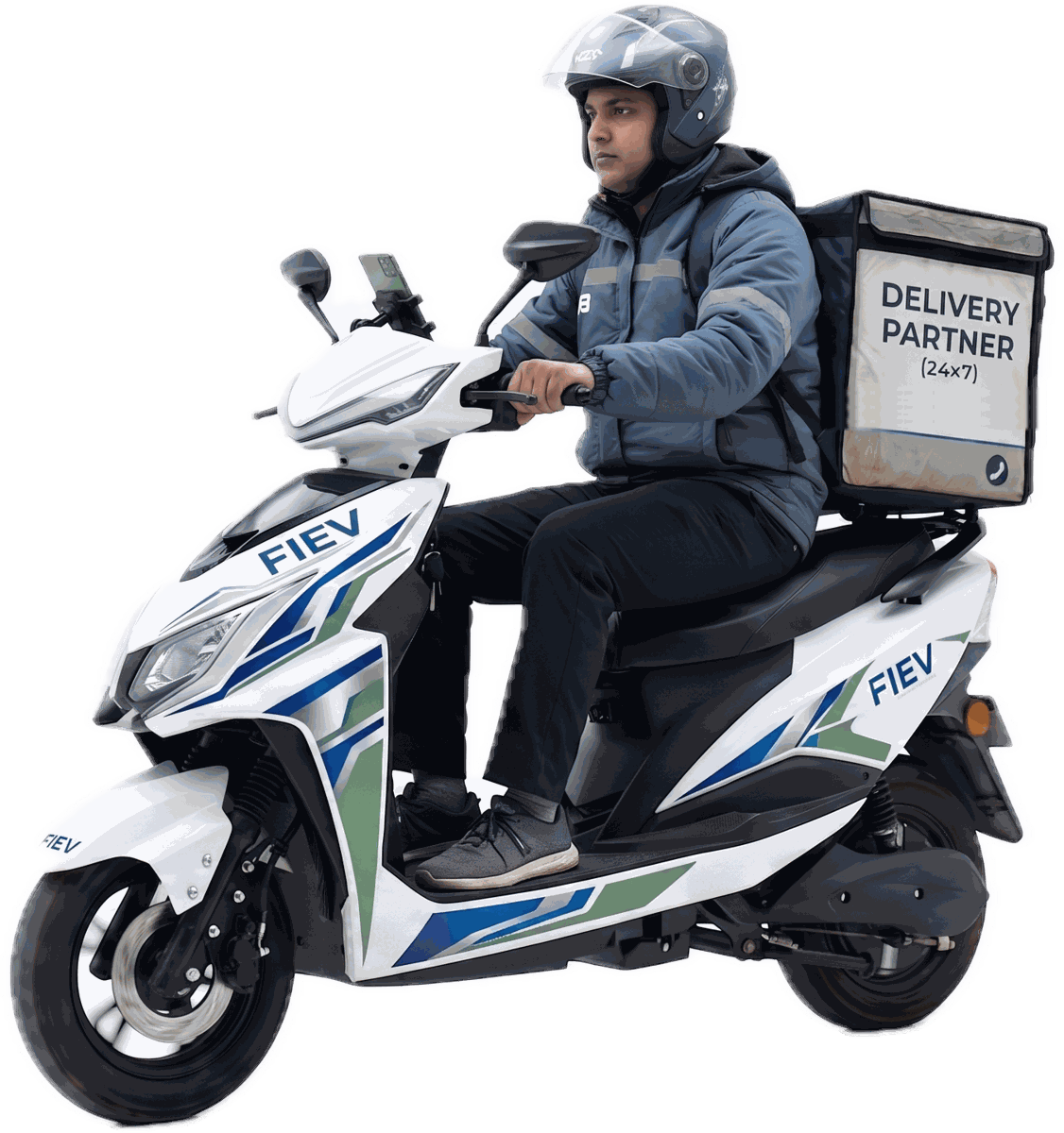 A delivery partner riding a FiEV electric scooter with a delivery box mounted behind the seat